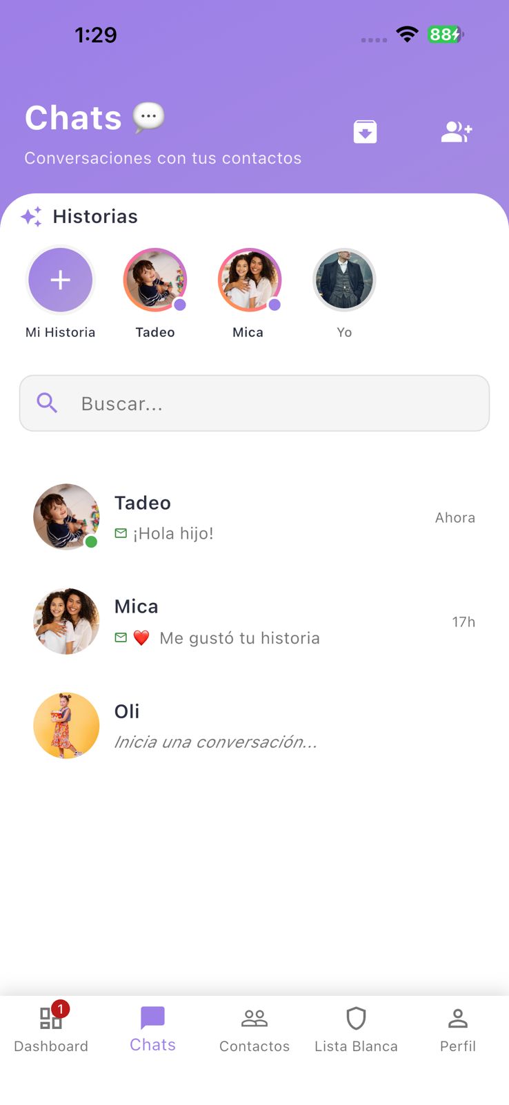 Tália app de chat familiar seguro mostrando la pantalla principal con contactos familiares